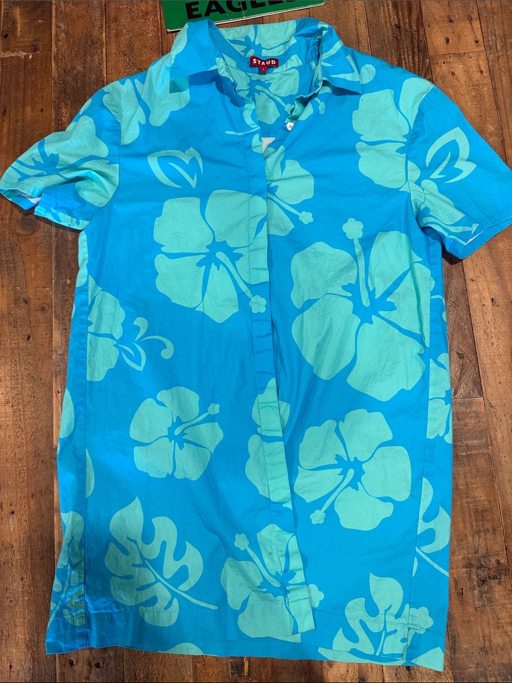 STAUD Turquoise and Aqua Hibiscus Button-Up Shirt